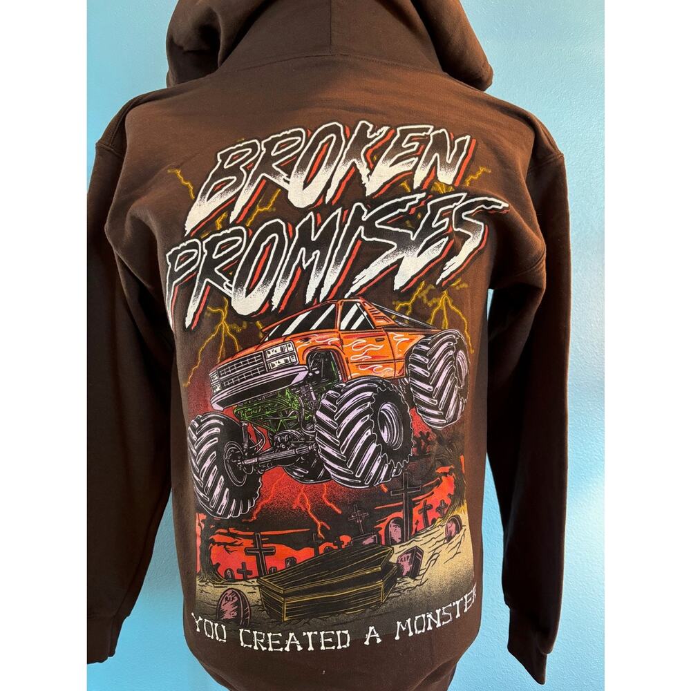 NWOT Broken Promises Hoodie Full Zip Graphics Brown Cotton Blend Pockets S